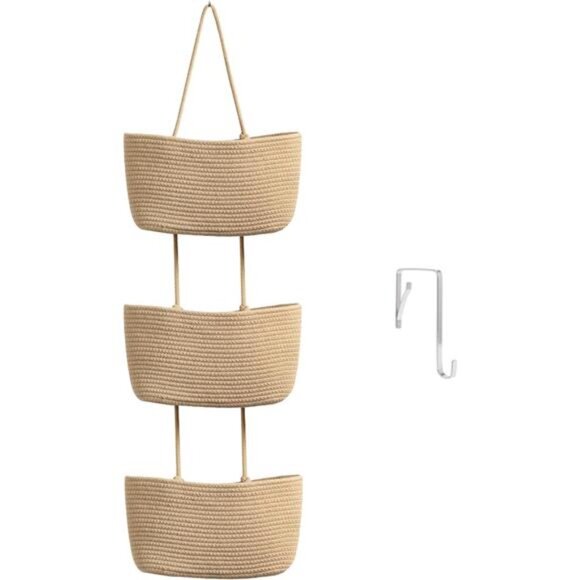 Over the Door Hanging Basket, 3-Tier Woven Cotton Wall-Mounted Storage Organizer - Picture 1 of 7